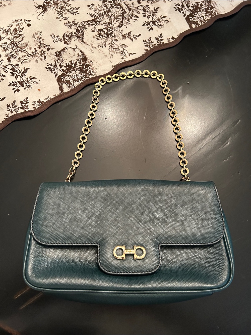 Salvatore Ferragamo Chain Shoulder Bag in dark green with Gold Hardware. NWOT